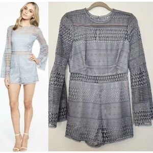 Revolve Bardot Kristy Lace Playsuit Romper Dusty Blue Gray Bell Sleeves Sz XS 4